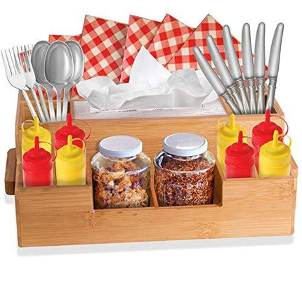 Bamboo Utensil Holder Wooden Caddy Set , Silverware Flatware Beer Tray For Spoons Knives Forks Napkins Chopsticks Condiments 10 Compartment Coffee Breakroom Kitchen Organizer Home