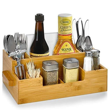 Bamboo Utensil Holder Wooden Caddy Set , Silverware Flatware Beer Tray For Spoons Knives Forks Napkins Chopsticks Condiments 10 Compartment Coffee Breakroom Kitchen Organizer Home