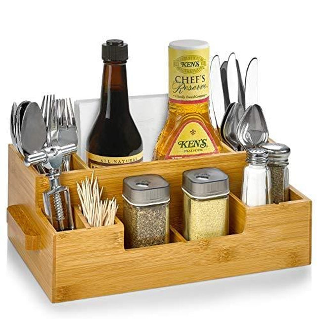 Bamboo Utensil Holder Wooden Caddy Set , Silverware Flatware Beer Tray For Spoons Knives Forks Napkins Chopsticks Condiments 10 Compartment Coffee Breakroom Kitchen Organizer Home