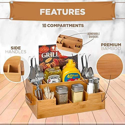 Bamboo Utensil Holder Wooden Caddy Set , Silverware Flatware Beer Tray For Spoons Knives Forks Napkins Chopsticks Condiments 10 Compartment Coffee Breakroom Kitchen Organizer Home