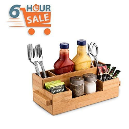 Bamboo Utensil Holder Wooden Caddy Set , Silverware Flatware Beer Tray For Spoons Knives Forks Napkins Chopsticks Condiments 10 Compartment Coffee Breakroom Kitchen Organizer Home