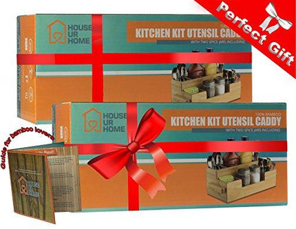 Bamboo Utensil Holder Wooden Caddy Set , Silverware Flatware Beer Tray For Spoons Knives Forks Napkins Chopsticks Condiments 10 Compartment Coffee Breakroom Kitchen Organizer Home