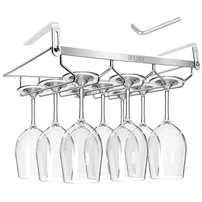 HULISEN 0.4 -1.38 inch Adjustable Thickness Wine Glass Rack Under Cabinet, 3 Rows Stemware Rack, 18/8 Stainless Steel Glasses Holder Storage Hanger for Kitchen, Bar