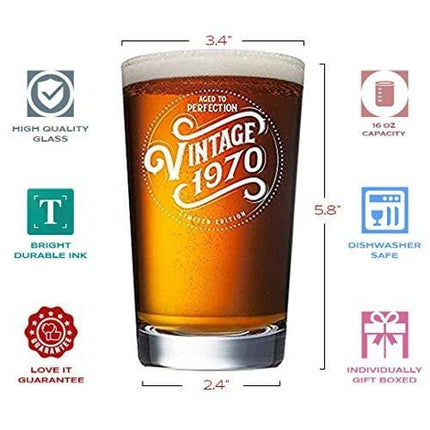 1970 50th Birthday Gifts for Men and Women Beer Glass - 16 oz Funny Vintage 50 Year Old Pint Glasses for Party Decorations - Anniversary Gift Ideas for Dad, Mom, Husband, Wife - Best Craft Beers Mug