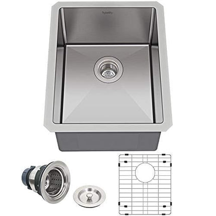 Hykolity 15 in. Undermount Stainless Steel Bar Sink, 16 Gauge Single Bowl Kitchen Prep Sink with Strainer & Bottom Grid, 15" x 17" x 10"