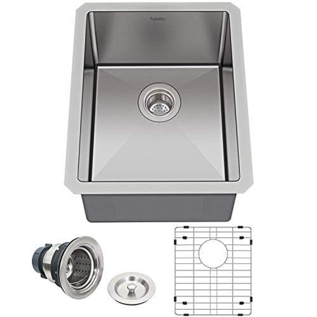 Hykolity 15 in. Undermount Stainless Steel Bar Sink, 16 Gauge Single Bowl Kitchen Prep Sink with Strainer & Bottom Grid, 15" x 17" x 10"