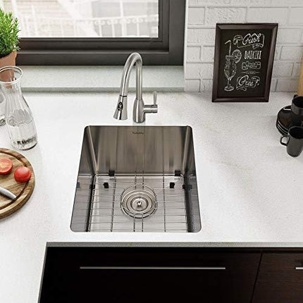 Hykolity 15 in. Undermount Stainless Steel Bar Sink, 16 Gauge Single Bowl Kitchen Prep Sink with Strainer & Bottom Grid, 15" x 17" x 10"