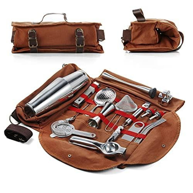 Hyoank Travel Bartender Kit Bag | Professional 25 Pieces Complete Cocktail Set with Stylish Portable travel kit Bag | Travel Bar Set for Home Cocktail Making, Work, Parties, Camping