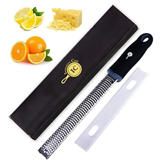 Integrity Chef PRO Citrus Zester and Cheese Grater - Premium Non-Slip Grip Handle, Dishwasher Safe Lemon Zester - Parmesan, Garlic, Nutmeg, Chocolate, Ginger Grater - Stainless Steel Grater (13.2")