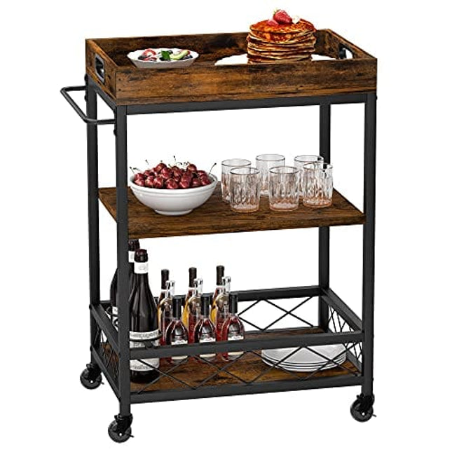 IDEALHOUSE Utility Bar Cart for Home, Mobile Wine Cart on Wheels, Kitchen Serving Cart with Wine Rack, Removable Tray, Wheel Locks and Glass Bottle Holder, 3 Tiers Storage Shelves Cart