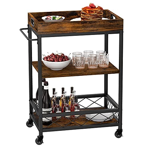 IDEALHOUSE Utility Bar Cart for Home, Mobile Wine Cart on Wheels, Kitchen Serving Cart with Wine Rack, Removable Tray, Wheel Locks and Glass Bottle Holder, 3 Tiers Storage Shelves Cart