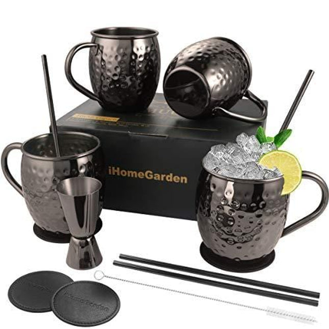 Moscow Mule Mugs Set of 4 - Food Safe 100% Handcrafted Mule Mugs Pure Solid Hammered Black Stainless Steel Mug - 16OZ Mule Mugs set of 4 w/ Black Straws Coasters Shot Glass Straw Brush Moscow Mule Kit