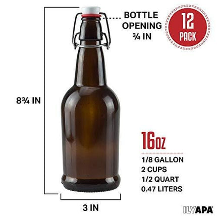 16 oz Amber Glass Beer Bottles for Home Brewing 12 Pack with Flip Caps