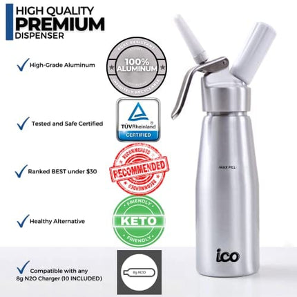 ICO Professional Whipped Cream Dispenser for Delicious Homemade Whipped Creams, Sauces, Desserts, and Infused Liquors - uses 8g N2O cartridges (1 Pint, Silver)
