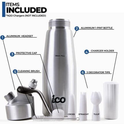 ICO Professional Whipped Cream Dispenser for Delicious Homemade Whipped Creams, Sauces, Desserts, and Infused Liquors - uses 8g N2O cartridges (1 Pint, Silver)