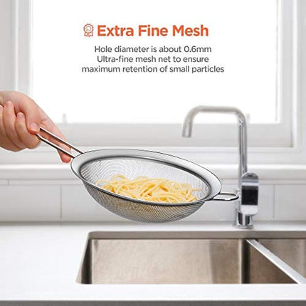 IPOW Set of 3 Stainless Steel Fine Mesh Strainer, Colander Sieve Sifters with Long Handle for Kitchen Food, Small Medium Large Size for Tea Coffee Powder Fry Juice Rice Vegetable Fruit Etc.