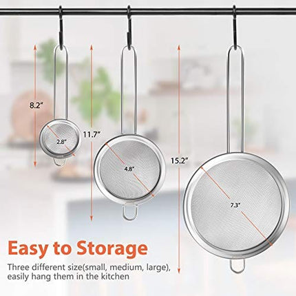 IPOW Set of 3 Stainless Steel Fine Mesh Strainer, Colander Sieve Sifters with Long Handle for Kitchen Food, Small Medium Large Size for Tea Coffee Powder Fry Juice Rice Vegetable Fruit Etc.