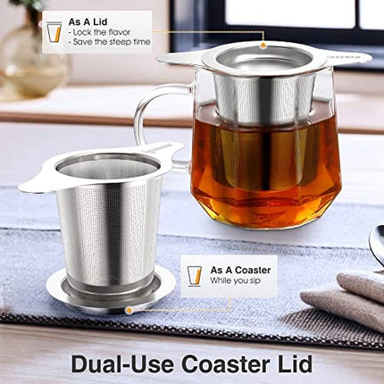 IPOW Reusable Stainless Steel Coffee Filter, Paperless Coffee Maker Strainer, Double Fine Mesh Basket for Loose Tea& Ground Coffee, Coaster Lid, Long Handle for Cup, Mug &Teapot