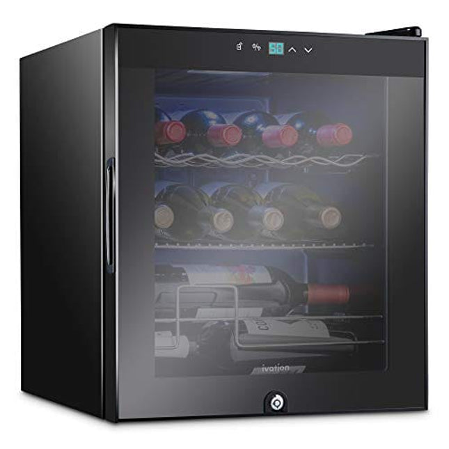 Ivation 12 Bottle Compressor Wine Cooler Refrigerator w/Lock | Large Freestanding Wine Cellar For Red, White, Champagne or Sparkling Wine | 41f-64f Digital Temperature Control Fridge Glass Door Black