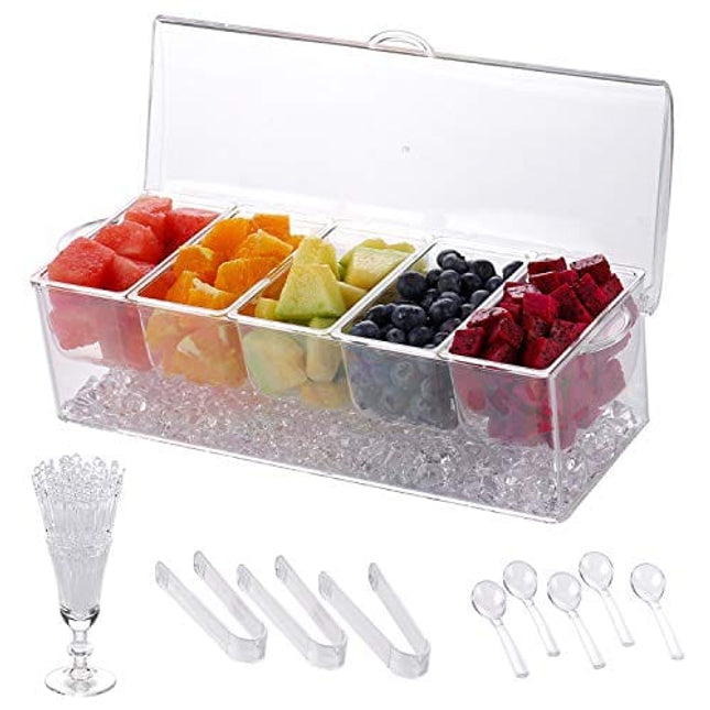 IVYHOME Chilled Condiment Server | Clear Icy Condiment Bar | Chilled Condiment Tray with Lid and 5 Removable Compartments