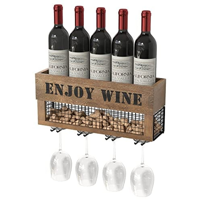 J JACKCUBE DESIGN Wine Rack Wall Mounted Wine Decor, 5 Wine Bottle Storage Shelf with 4 Stemware Wine Glass Holder Organizer, Cork Storage Display for Kitchen, Home Bar - MK450A