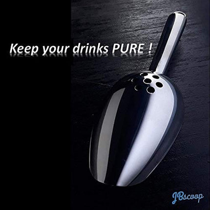 JBscoop Ice Scoop with Holes. Stainless Steel Ice Scoop with Drain Holes to Reduce Unwanted Dilution. Heavy Duty and Dishwasher Safe. Six Ounce Capacity.