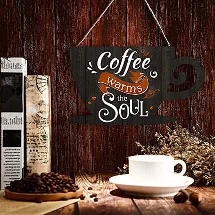 Jetec Coffee Bar Door Sign Wooden Coffee Wall Hanging Sign Rustic Farmhouse Coffee Cup Plaque Coffee Warms The Soul for Home Restaurants Decoration 11.8 x 6.8 inches