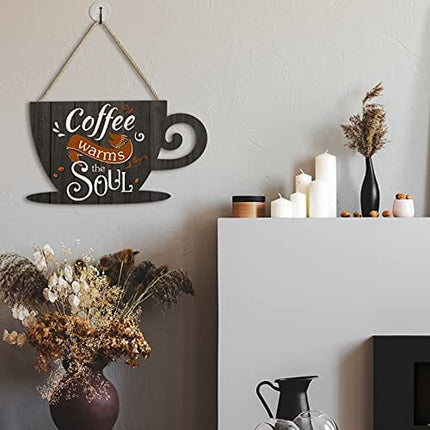 Jetec Coffee Bar Door Sign Wooden Coffee Wall Hanging Sign Rustic Farmhouse Coffee Cup Plaque Coffee Warms The Soul for Home Restaurants Decoration 11.8 x 6.8 inches