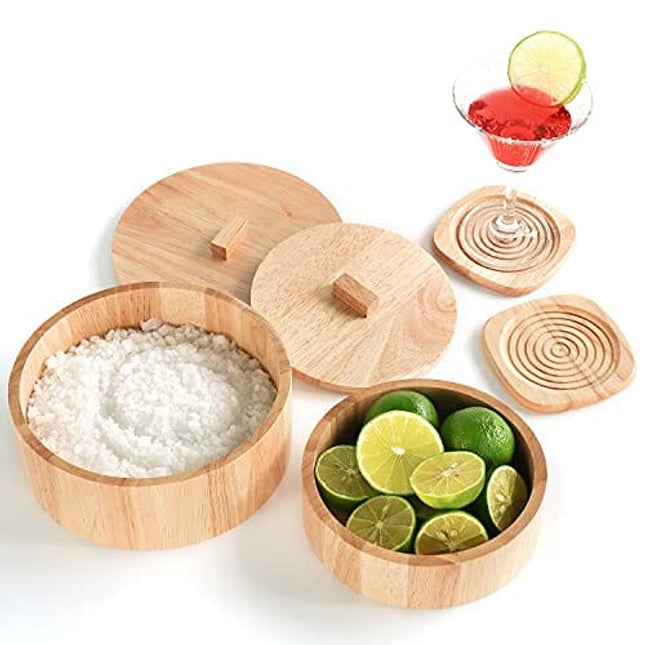 Wooden Margarita Salt Rimmer (Set of 2) & 2 Coasters - Bar Sugar Rimmers for Drinks - Glass Rimmer for Cocktails - Bar Accessories for the Home Bar (Natural Color)