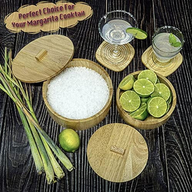 Wooden Margarita Salt Rimmer (Set of 2) & 2 Coasters - Bar Sugar Rimmers for Drinks - Glass Rimmer for Cocktails - Bar Accessories for the Home Bar (Natural Color)