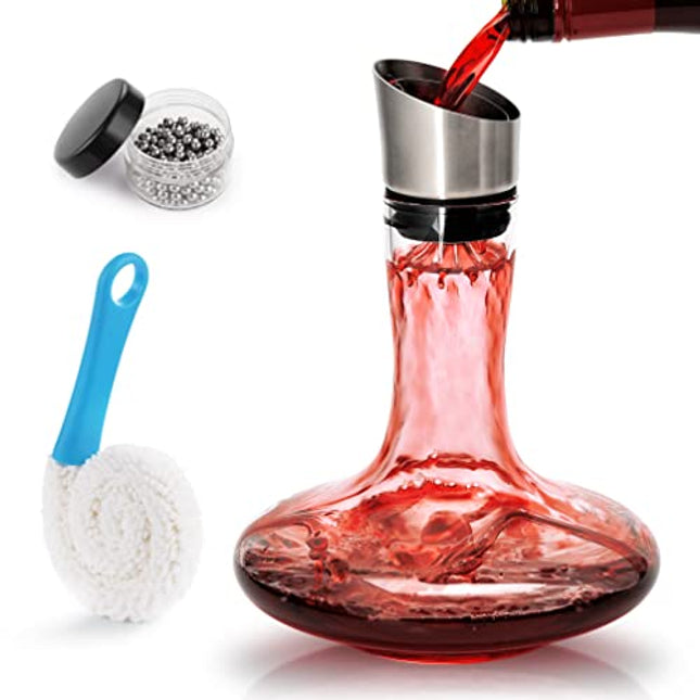 Wine Decanter Built-in Aerator Pourer with Cleaning Beads and Decanter Cleaning Brush, Wine Decanter With Cleaning Set, Wine Carafe Red Wine Decanter, 100% Lead-free Crystal Glass, Wine Gift