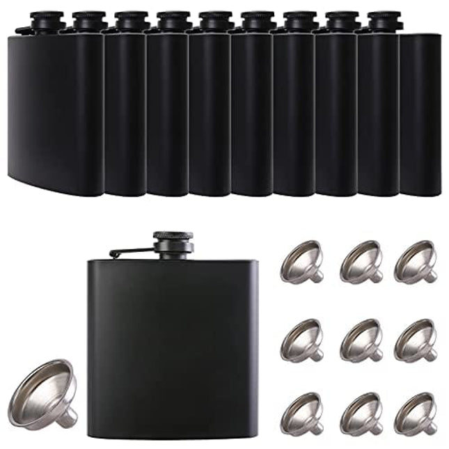 10 pcs Hip Flask for Liquor Matte Black 6oz Stainless Steel Leakproof with 10 pcs Funnel for Camping, Wedding Party