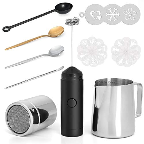 Milk Frother Handheld Latte Art Set - Coffee Frother Electric Handheld, Milk Frother Pitcher, Coffee Shaker, Coffee Stencil, Coffee Spoon, Coffee Scoop, Latte Art Pen