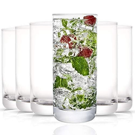 JoyJolt Faye Highball Glasses Set of 6 Tall Drinking Glasses. 13oz Cocktail Glass Set. Lead-Free Crystal Glassware. Bourbon or Whiskey Glass Cup, Bar, Iced Tea, Water, Mojito and Tom Collins Glasses