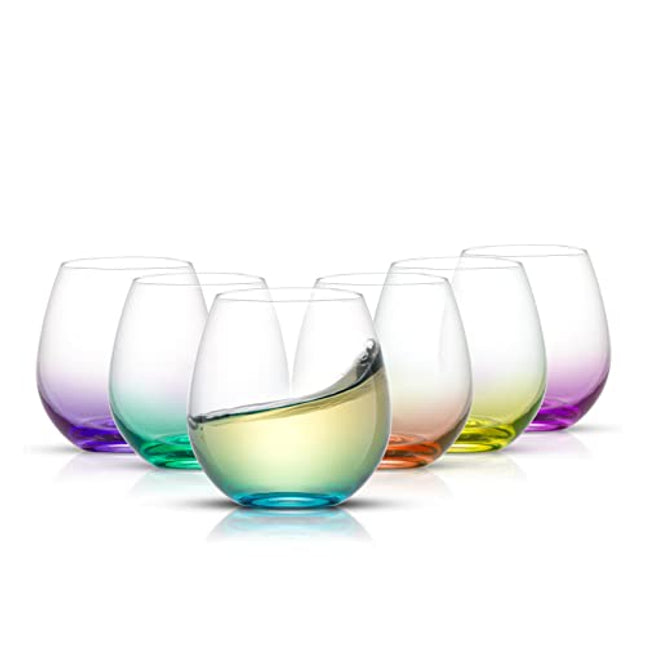 JoyJolt HUE Stemless Wine Glass Set. Large 15 oz Stemless Wine Glasses Set of 6. Short Wine Tumblers for White Wine Glasses, Red Wine Glasses, Water Glasses, No Stem Margarita Glasses, Colored Tumbler