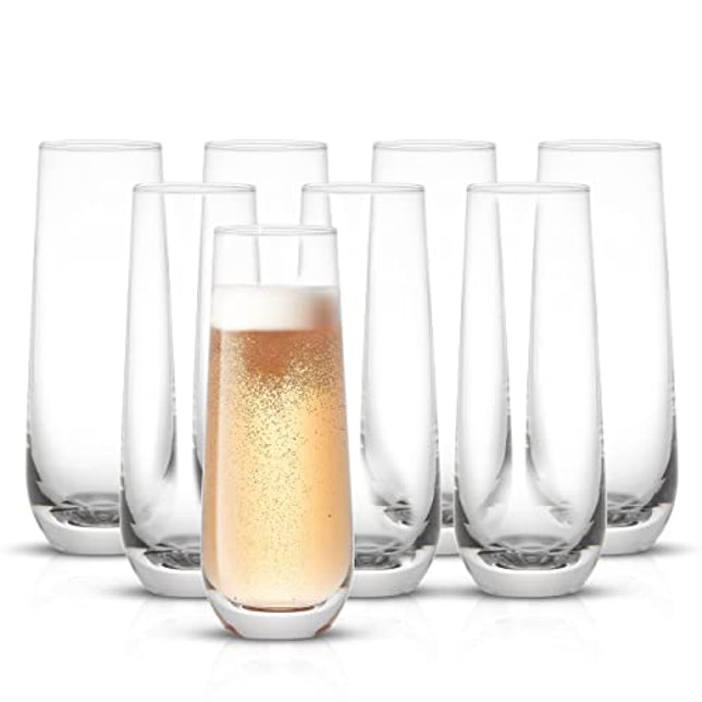 JoyJolt Milo Stemless Champagne Flutes Set of 8 Crystal Glasses. 9.4oz Champagne Glasses. Prosecco Wine Flute, Mimosa Glasses Set, Cocktail Glass Set, Water Glasses, Highball Glass, Bar Glassware