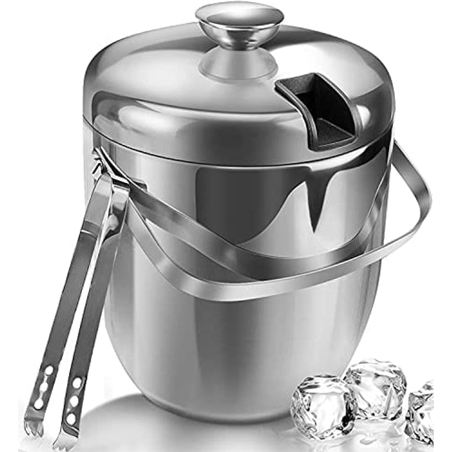 Jozo Ice Bucket Insulated with Tongs and Lids 3.4 Quarts for Parties and Bar, Stainless Steel Double Wall with Strainer