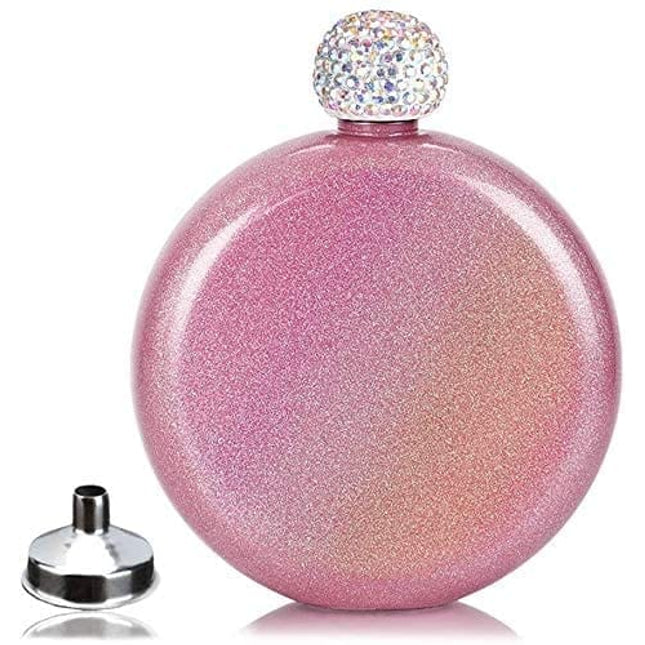 Cute Liquor Flask for Women, Junya 304 Stainless Steel,Pretty Glitter Coating Flasks,Shining Rhinestone Cap,Portable Wine Flask for Drink Bar BBQS and Traveling, Capacity 5 oz (Pink)
