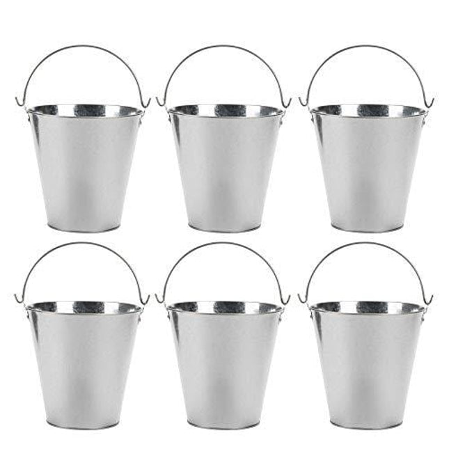 Round Galvanized Buckets - 6-Pack Steel Buckets with Handle for Beer and Drinks, Table Centerpiece Party Supplies, 100-Ounce, Silver, 7 x 7 Inches
