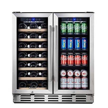 Kalamera Wine and Beverage Refrigerator, Under Counter 30 inch Wine Cooler with Glass Front Door - Beer, Wine, Soda And Drink Mini Fridge - Stainless Bar Beverage Coole with Built In Dual Zone & Adjustable Shelves