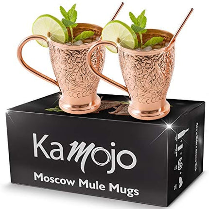 Kamojo Moscow Mule Copper Mugs - Embossed Set of 2 Pure Copper Cups -2 Straws/Stir Sticks -20 Recipe E-book Exclusive