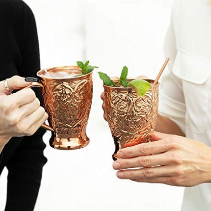 Kamojo Moscow Mule Copper Mugs - Embossed Set of 2 Pure Copper Cups -2 Straws/Stir Sticks -20 Recipe E-book Exclusive