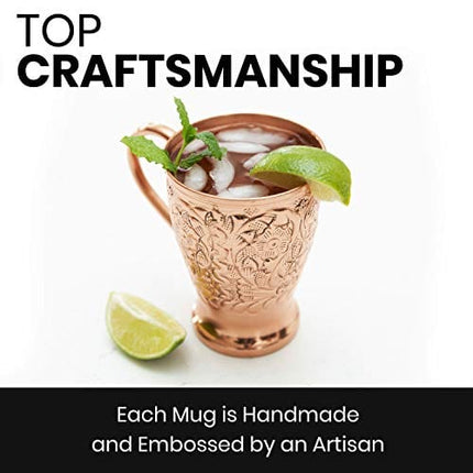 Kamojo Moscow Mule Copper Mugs - Embossed Set of 2 Pure Copper Cups -2 Straws/Stir Sticks -20 Recipe E-book Exclusive