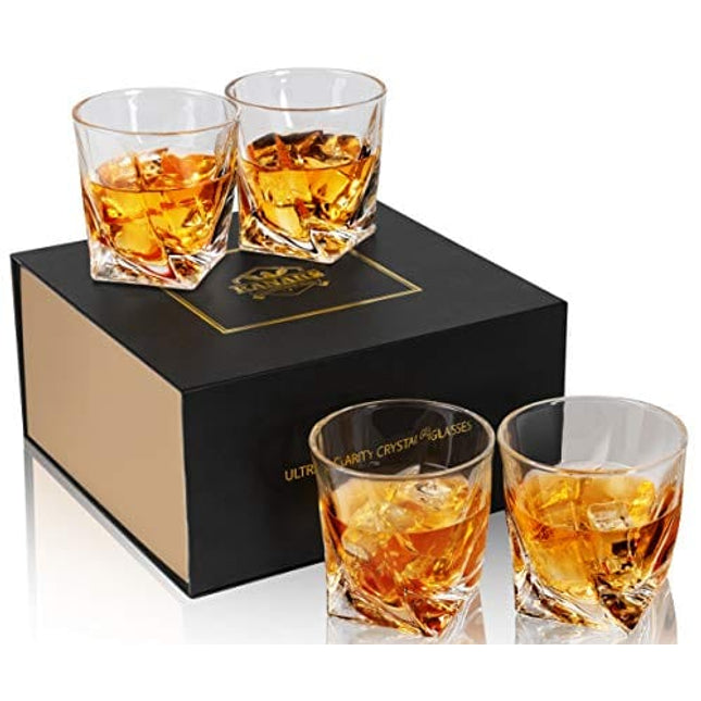 KANARS Whiskey Rocks Glass, Set of 4 Crystal Bourbon Glasses In Gift Box - 10 Oz Old Fashioned Lowball Tumbler for Scotch Cocktail Whisky Rum Cognac Vodka Liquor, Unique Gifts for Men Brother Adult