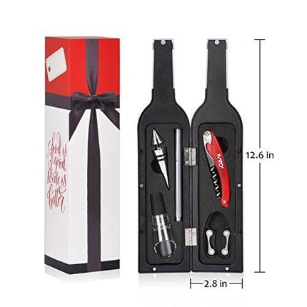 Wine Opener Gift Set - Wine Bottle Accessory Kit Corkscrew Opener, Stopper, Pourer, Foil Cutter, Glass Marker and Drink Stickers by Kato, Great Valentine's Gifts, Silver