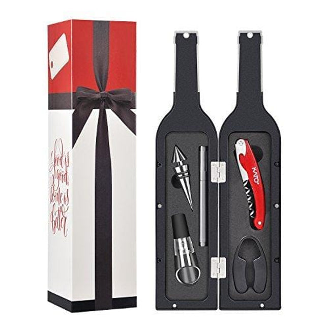 Wine Opener Gift Set - Wine Bottle Accessory Kit Corkscrew Opener, Stopper, Pourer, Foil Cutter, Glass Marker and Drink Stickers by Kato, Great Valentine's Gifts, Silver