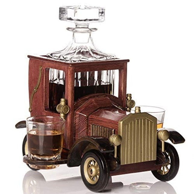 Whiskey Decanter Set with Glasses and Old Fashioned Vintage Car Stand - Bourbon Decanter Set with Glasses for Liquor, Vodka - Whiskey Gifts for Men - Liquor Decanter - Home Bar Accessories