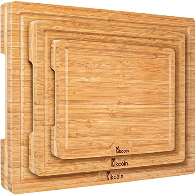 Bamboo Cutting Board, (Set of 3) Heavy Duty Kitchen Chopping Board with Juice Groove Wood Butcher Block and Wooden Carving Board Serving Tray, Kikcoin