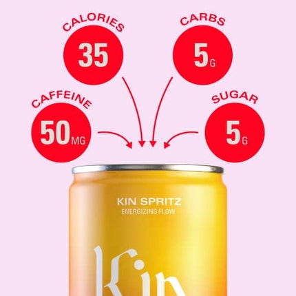 Kin Spritz by Kin Euphorics, Non Alcoholic Spirits, Ready to Drink, Adaptogen, Nootropic, Botanical, Fresh Citrus, Hibiscus, Caffeine, Rhodiola Rosea, Awaken the Mind, Uplift the Mood, 8 Fl Oz (4pk)