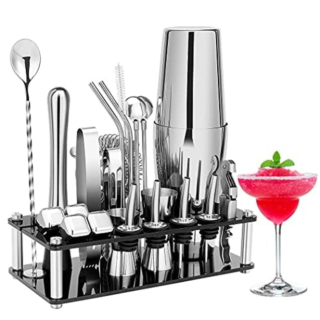 Cocktail Shaker Set, 23-Piece Boston Stainless Steel Bartender Kit with Acrylic Stand & Cocktail Recipes Booklet, Professional Bar Tools for Drink Mixing, Home, Bar, Party (Include 4 Whiskey Stones)